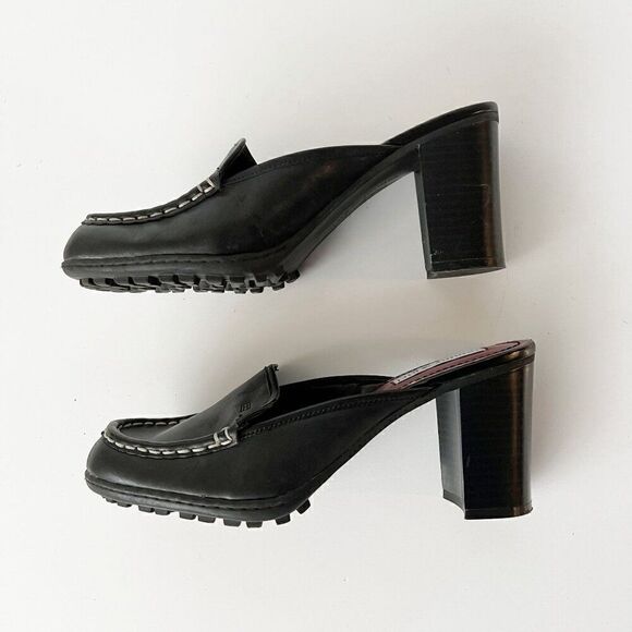 Vintage 90s Y2K Black Leather Schoolgirl‎ Mules Tommy Heeled Loafers Size 7.5 - Picture 3 of 9